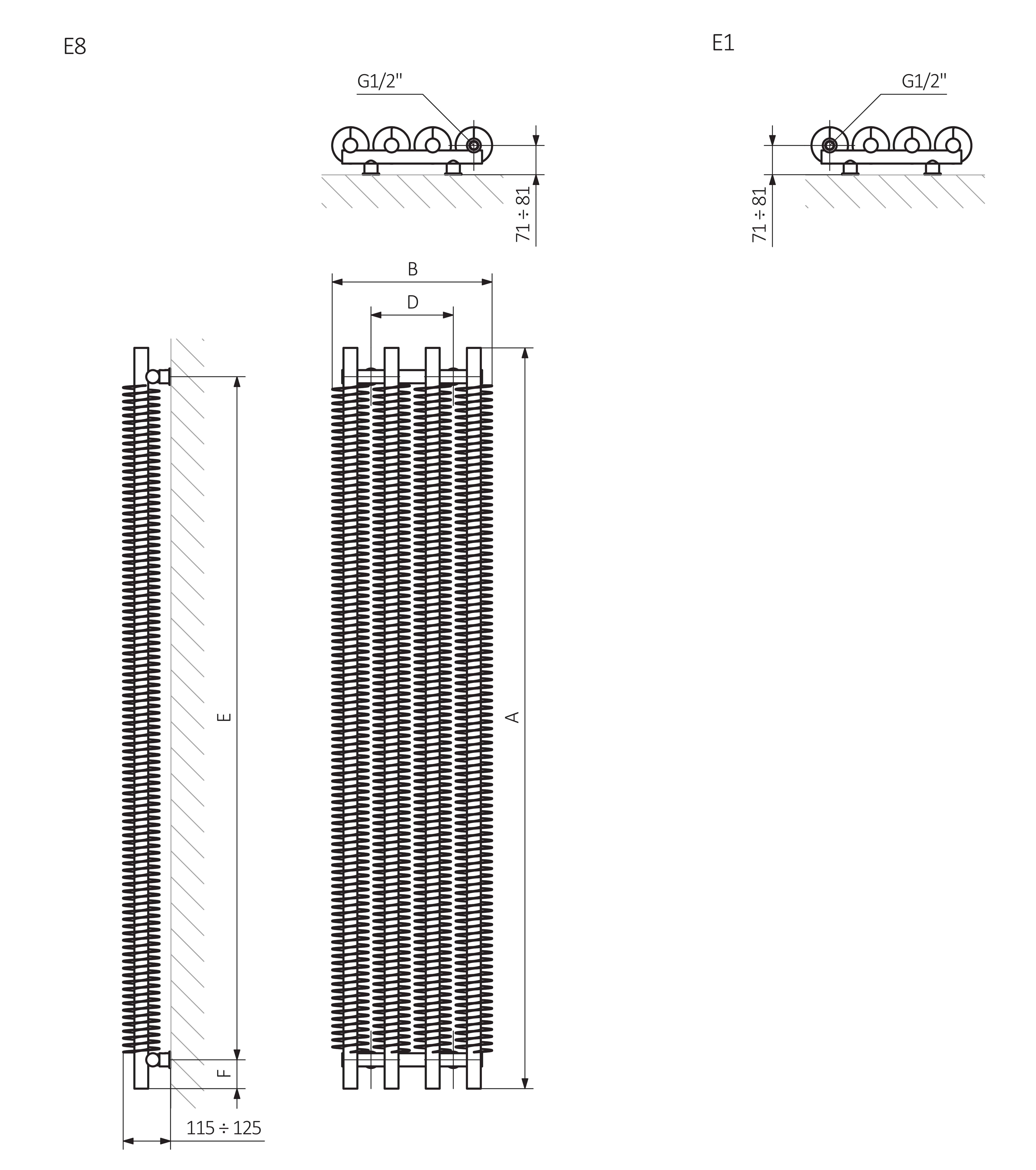 A - Výška B - Šířka C1-C5 - Vzdálenost mezi přípojkami D - Vzdálenost mezi držáky ve vodorovném směru E - Vzdálenost vertikálních prvků ve svislé poloze F - Vzdálenost od spodní osy spojovacích prvků ke spodnímu okraji kolektoru
