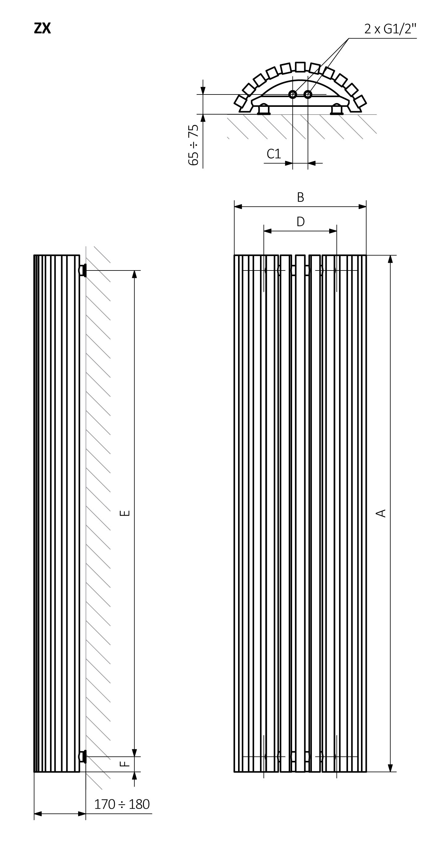 A - Výška B - Šířka C1-C5 - Vzdálenost mezi přípojkami D - Vzdálenost mezi držáky ve vodorovném směru E - Vzdálenost vertikálních prvků ve svislé poloze F - Vzdálenost od spodní osy spojovacích prvků ke spodnímu okraji kolektoru
