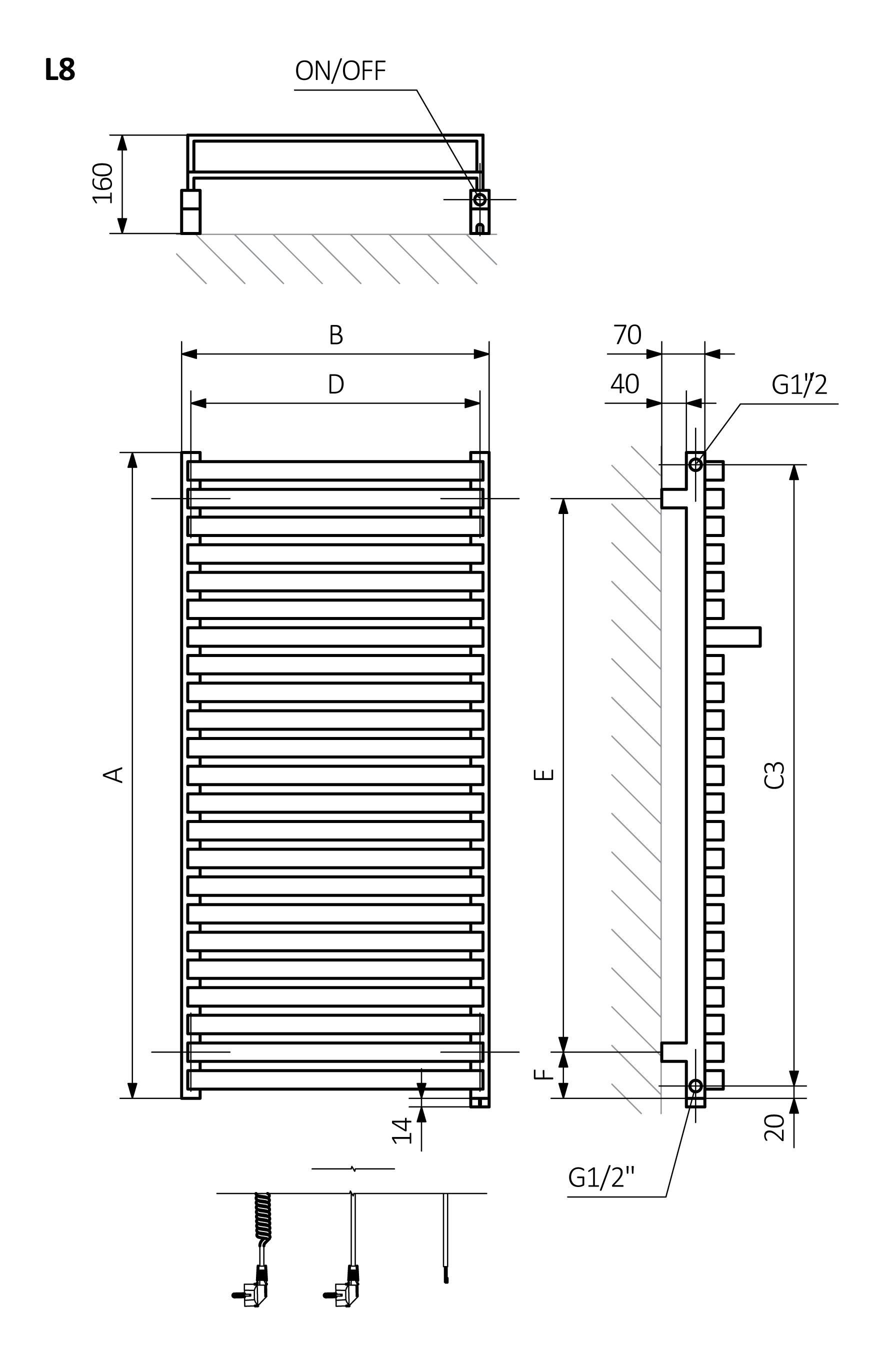 A - Výška B - Šířka C1-C5 - Vzdálenost mezi přípojkami D - Vzdálenost mezi držáky ve vodorovném směru E - Vzdálenost vertikálních prvků ve svislé poloze F - Vzdálenost od spodní osy spojovacích prvků ke spodnímu okraji kolektoru